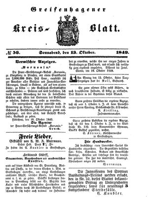 Greifenhagener Kreisblatt vom 13.10.1849