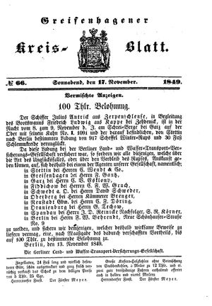 Greifenhagener Kreisblatt vom 17.11.1849
