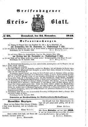 Greifenhagener Kreisblatt vom 24.11.1849