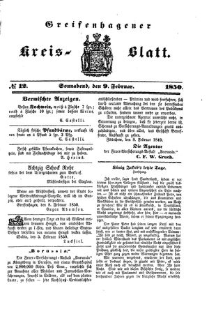 Greifenhagener Kreisblatt vom 09.02.1850