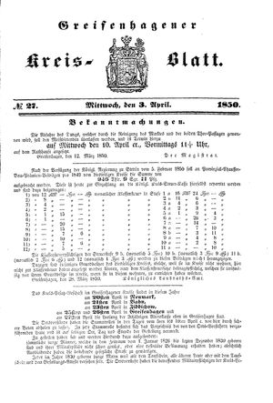 Greifenhagener Kreisblatt vom 03.04.1850