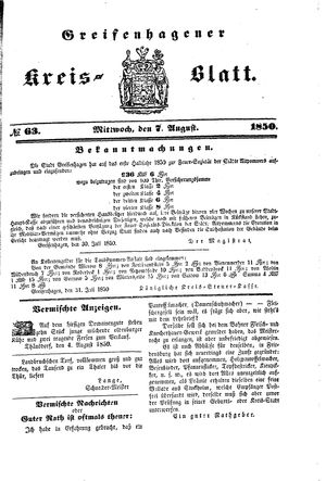 Greifenhagener Kreisblatt vom 07.08.1850