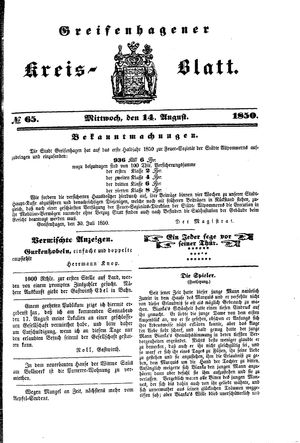 Greifenhagener Kreisblatt vom 14.08.1850