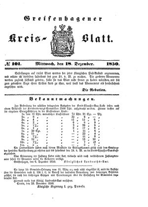 Greifenhagener Kreisblatt vom 18.12.1850