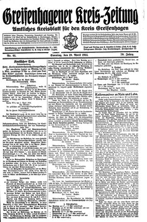 Greifenhagener Kreiszeitung vom 19.04.1914