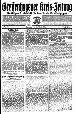 Greifenhagener Kreiszeitung vom 26.04.1914