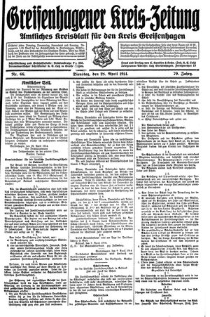 Greifenhagener Kreiszeitung vom 28.04.1914