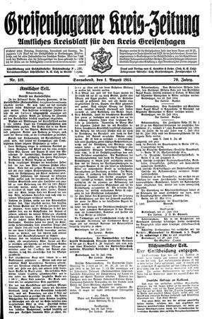 Greifenhagener Kreiszeitung on Aug 1, 1914