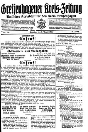 Greifenhagener Kreiszeitung vom 09.08.1914