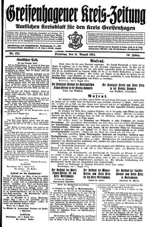 Greifenhagener Kreiszeitung vom 11.08.1914