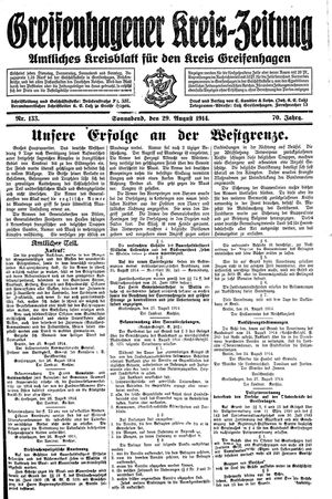 Greifenhagener Kreiszeitung vom 29.08.1914