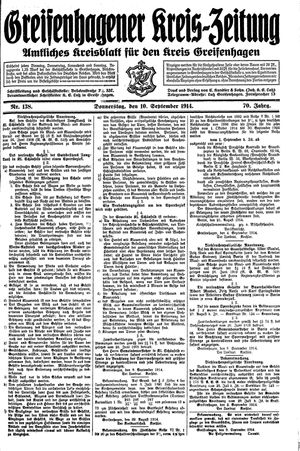 Greifenhagener Kreiszeitung vom 10.09.1914