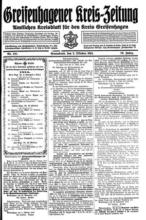 Greifenhagener Kreiszeitung vom 03.10.1914
