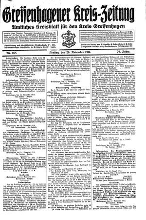 Greifenhagener Kreiszeitung vom 20.11.1914