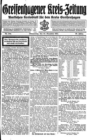 Greifenhagener Kreiszeitung vom 24.12.1914