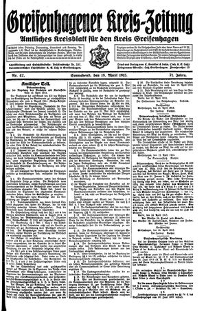 Greifenhagener Kreiszeitung vom 18.04.1915