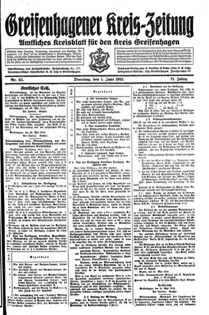 Greifenhagener Kreiszeitung on Jun 1, 1915