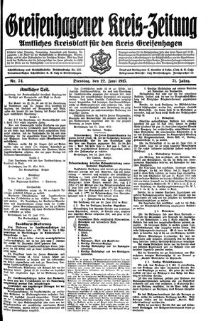 Greifenhagener Kreiszeitung vom 22.06.1915
