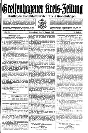Greifenhagener Kreiszeitung vom 07.08.1915