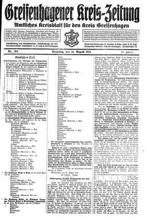 Greifenhagener Kreiszeitung vom 31.08.1915