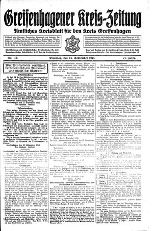 Greifenhagener Kreiszeitung vom 13.09.1915