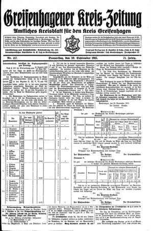Greifenhagener Kreiszeitung vom 30.09.1915