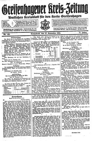 Greifenhagener Kreiszeitung vom 27.11.1915