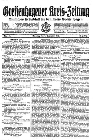 Greifenhagener Kreiszeitung vom 07.12.1915