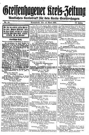Greifenhagener Kreiszeitung on Apr 16, 1916