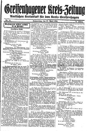 Greifenhagener Kreiszeitung vom 27.04.1916