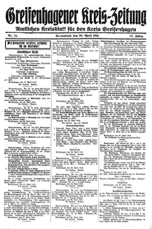 Greifenhagener Kreiszeitung vom 29.04.1916