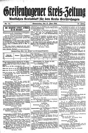 Greifenhagener Kreiszeitung vom 15.06.1916