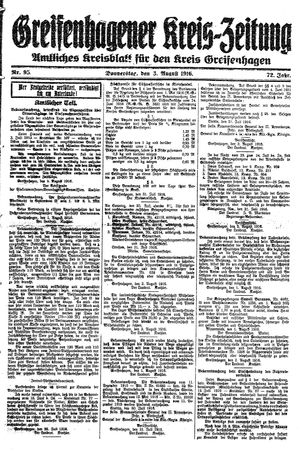 Greifenhagener Kreiszeitung on Aug 3, 1916