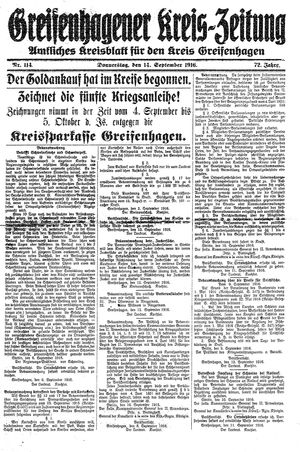 Greifenhagener Kreiszeitung vom 14.09.1916