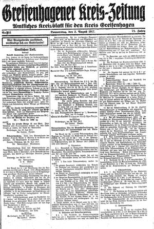 Greifenhagener Kreiszeitung on Aug 2, 1917