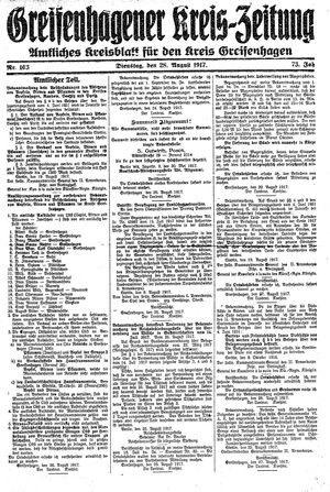 Greifenhagener Kreiszeitung vom 28.08.1917