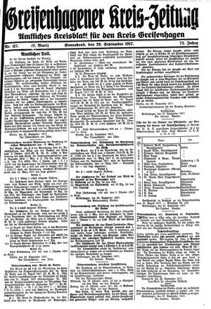 Greifenhagener Kreiszeitung vom 29.09.1917