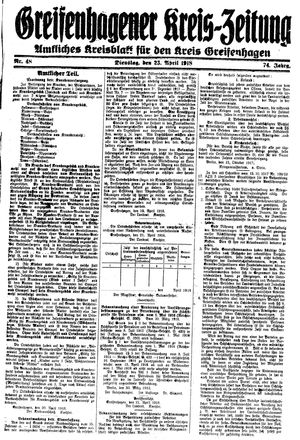 Greifenhagener Kreiszeitung vom 23.04.1918