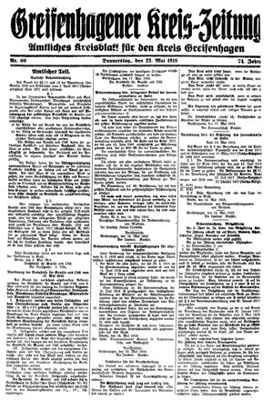 Greifenhagener Kreiszeitung on May 23, 1918