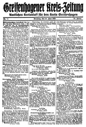 Greifenhagener Kreiszeitung vom 18.06.1918