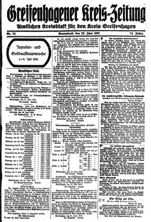 Greifenhagener Kreiszeitung vom 22.06.1918