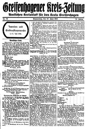 Greifenhagener Kreiszeitung vom 27.06.1918