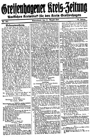 Greifenhagener Kreiszeitung vom 31.08.1918