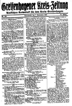 Greifenhagener Kreiszeitung vom 07.09.1918