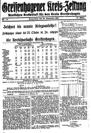 Greifenhagener Kreiszeitung vom 26.09.1918