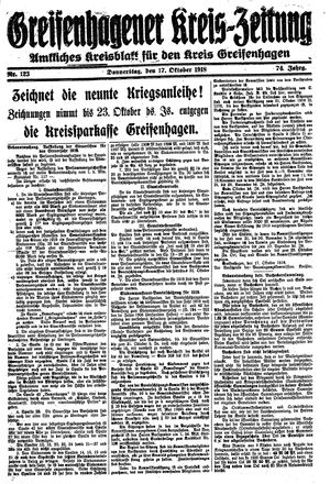 Greifenhagener Kreiszeitung vom 17.10.1918