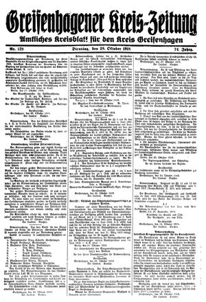 Greifenhagener Kreiszeitung vom 29.10.1918