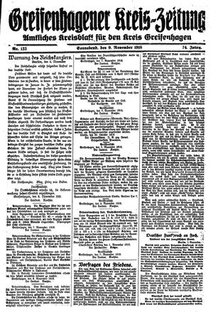 Greifenhagener Kreiszeitung on Nov 9, 1918