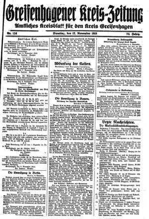 Greifenhagener Kreiszeitung vom 12.11.1918