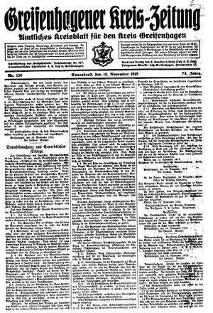 Greifenhagener Kreiszeitung vom 16.11.1918